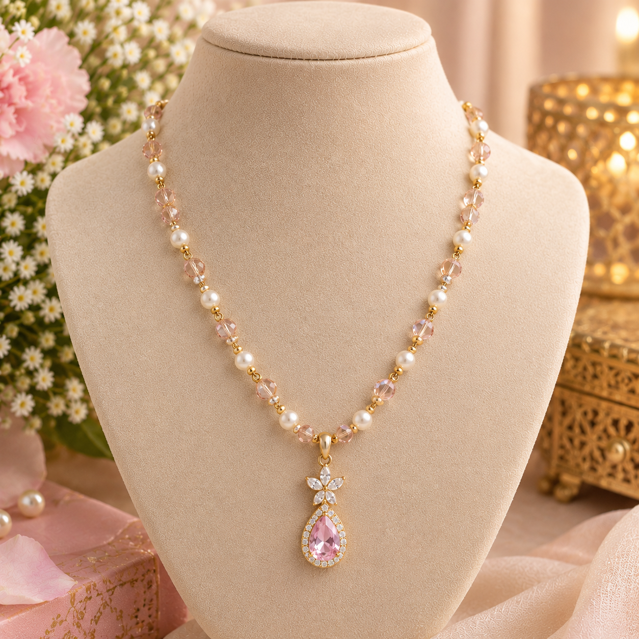Elegant pearl and pink gold necklace for a graceful look.