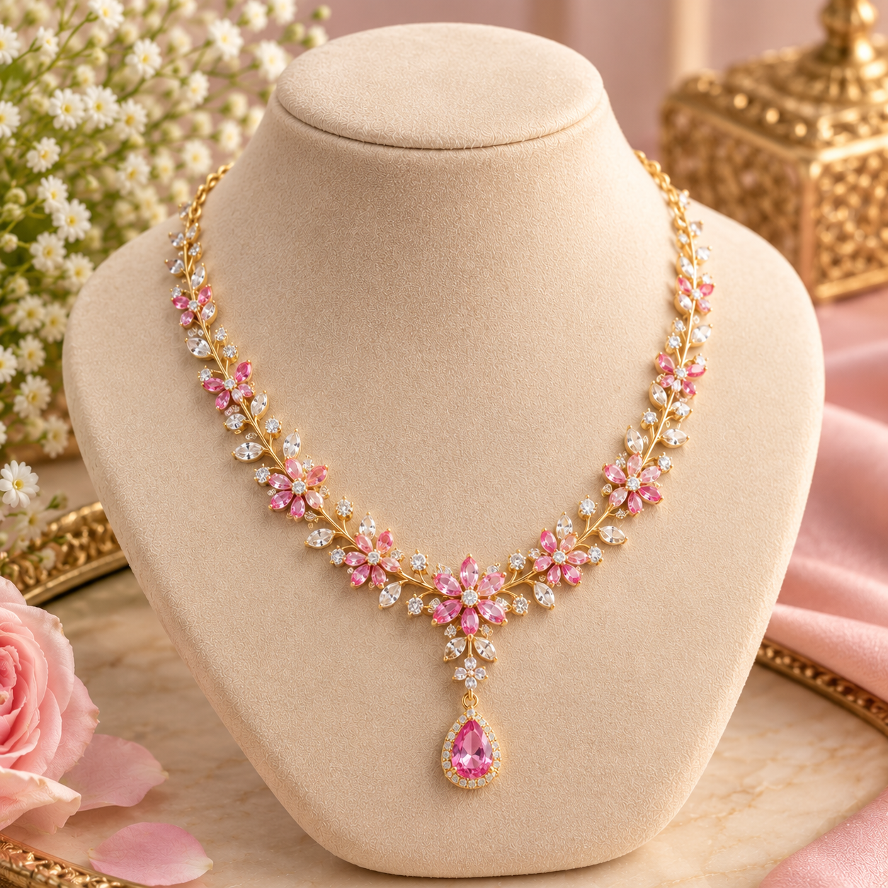 Elegant floral necklace with a beautiful pink backdrop pendant.