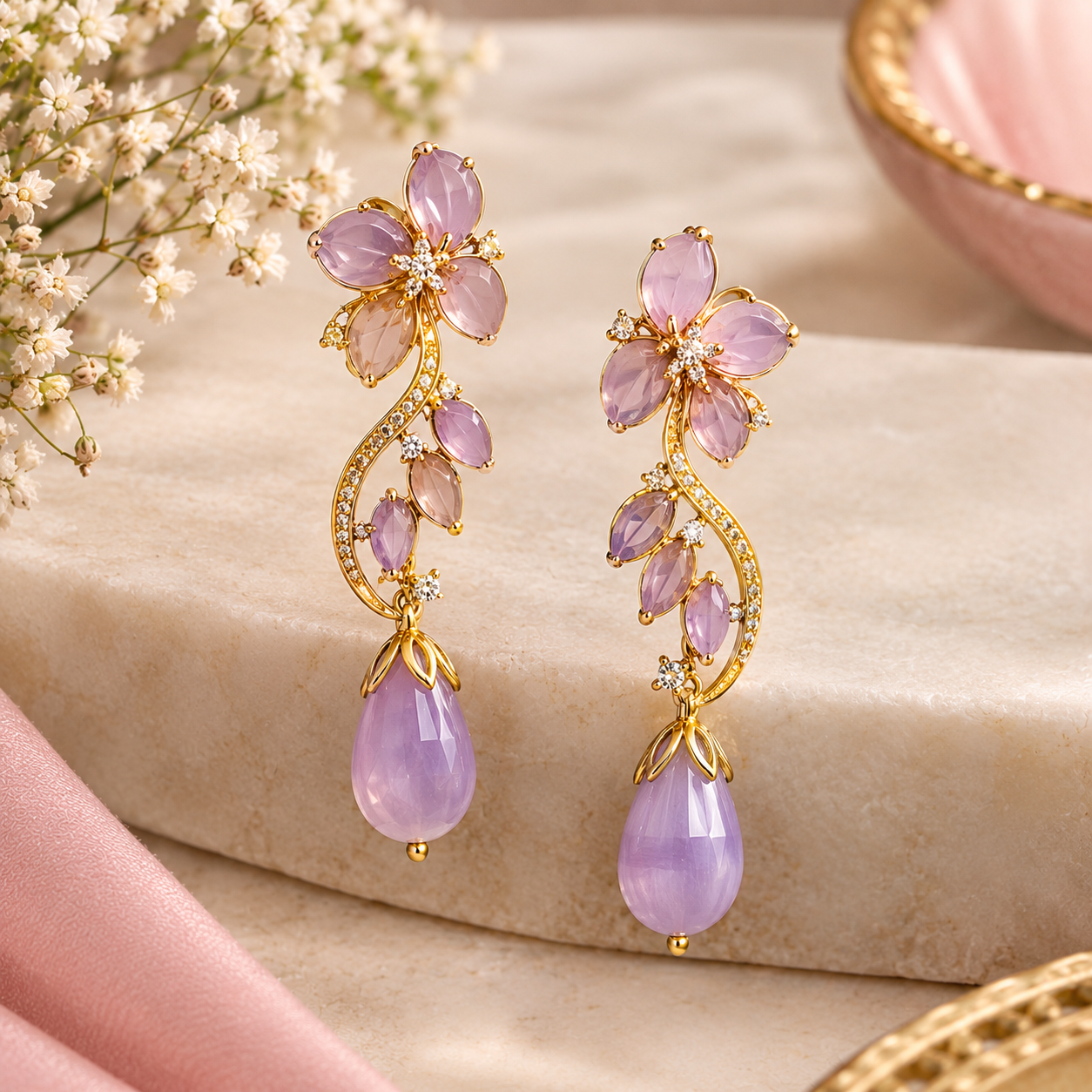 Lavender Floral Earrings with soft lavender stones and elegant gold details.