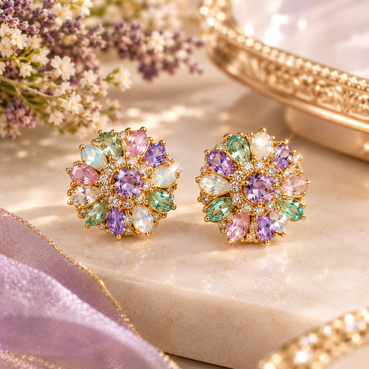 Lavender Floral Stud Earrings with sparkling lavender stones and a glossy floral design.