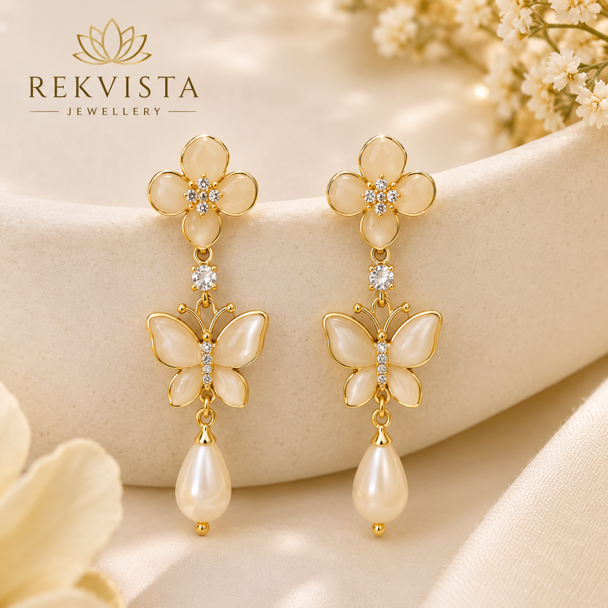 Elegant cream butterfly earrings with delicate golden detailing and pearl drops.