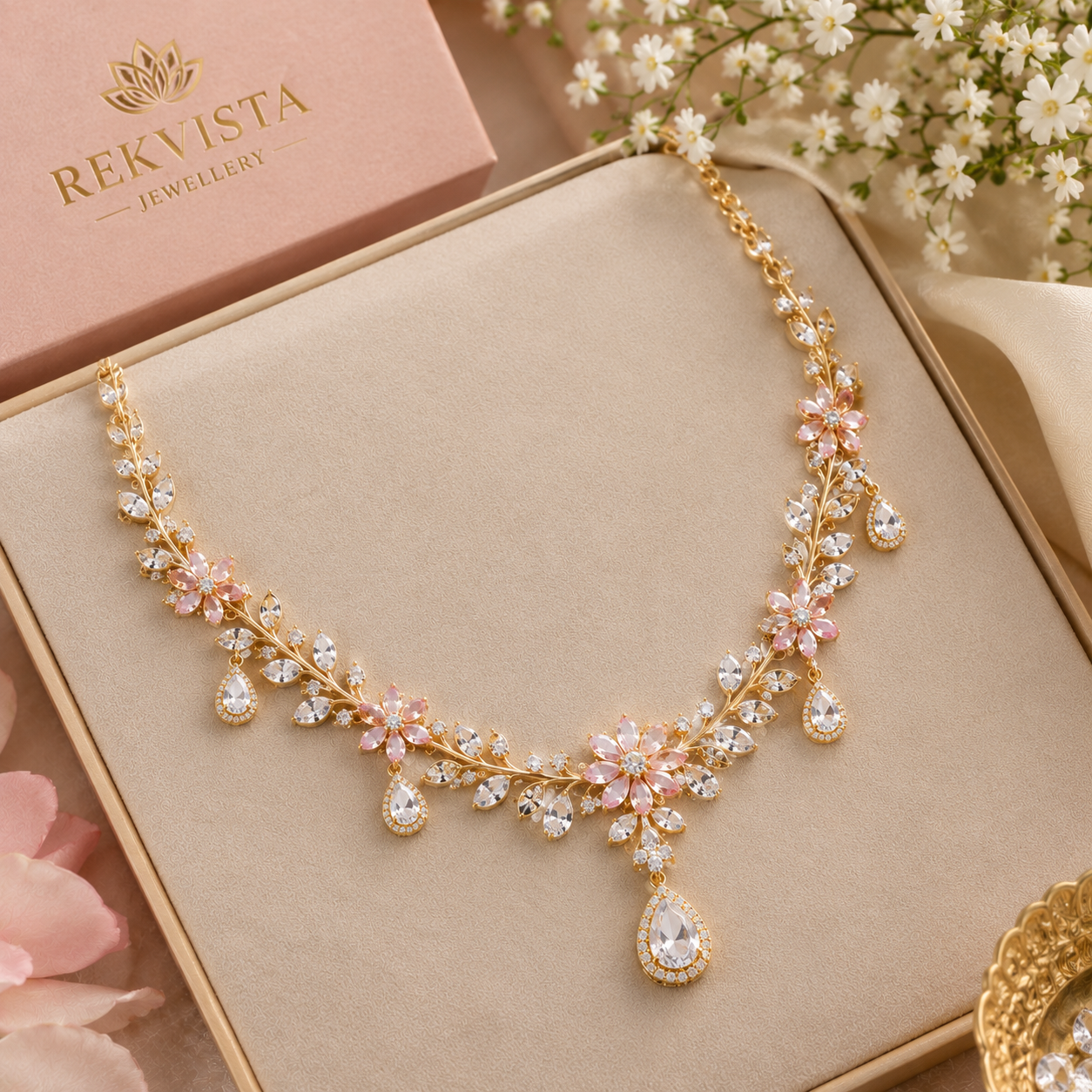 Elegant floral gold necklace for a graceful and stylish look.