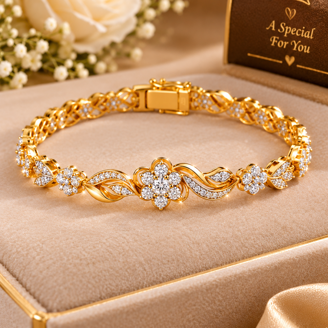 Elegant gold floral bracelet with sparkling stone details.