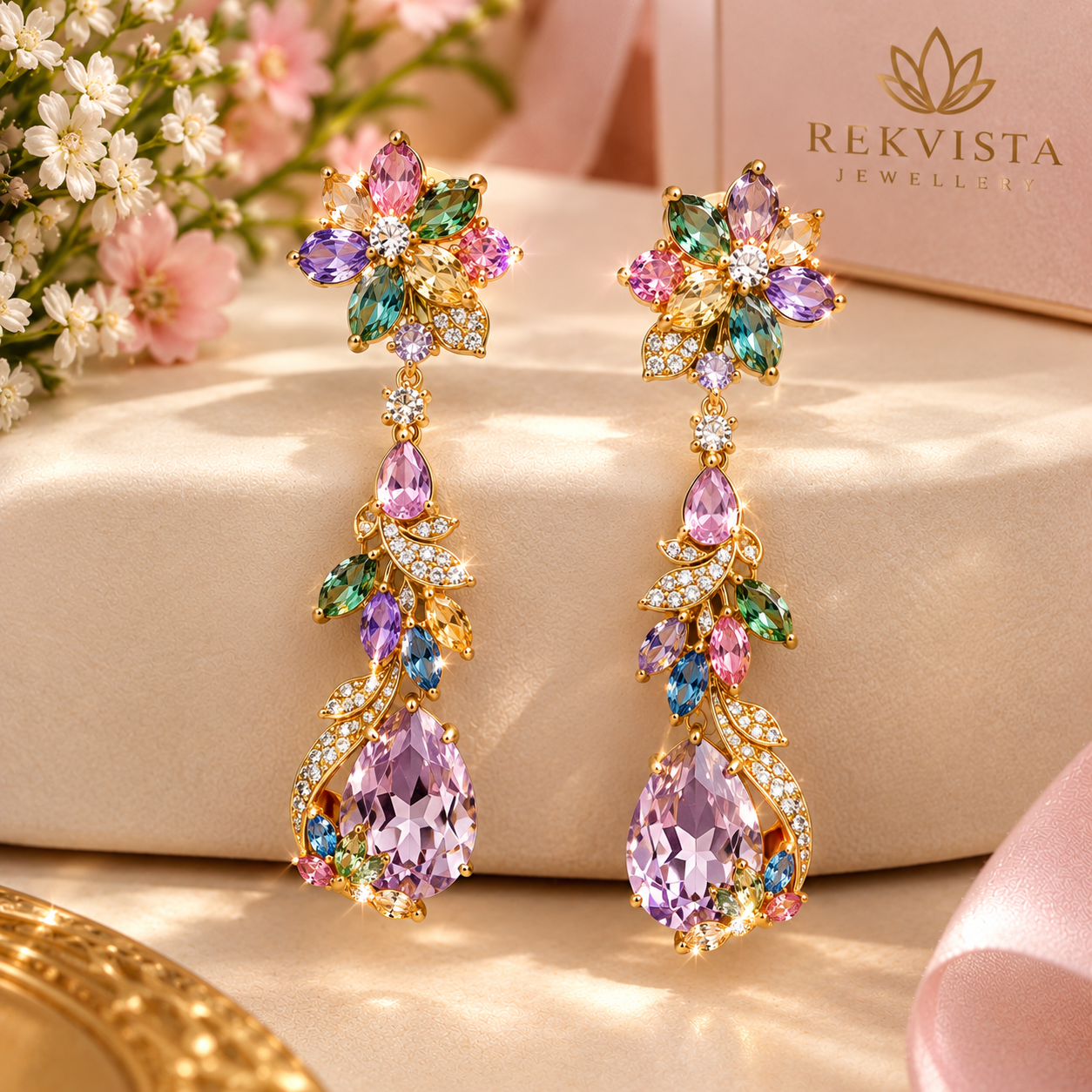 Pastel Floral Earrings with colourful stones and sparkling floral gold details.